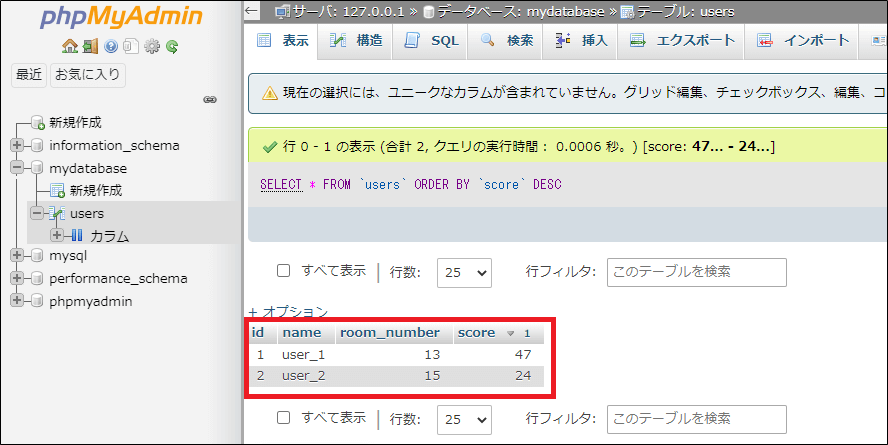 カラムの値確認画面