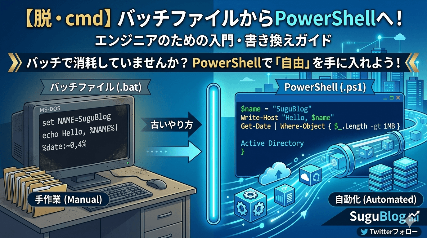 バッチファイル（.bat）からPowerShell（.ps1）への移行をイメージした比較画像。左側には古いMS-DOS風の画面と手作業のファイル、右側にはPowerShellのコード（Get-DateやWhere-Object）と自動化されたデータパイプラインが描かれ、「バッチで消耗していませんか？PowerShellで『自由』を手に入れよう！」というキャッチコピーが入ったスグブログのアイキャッチ画像